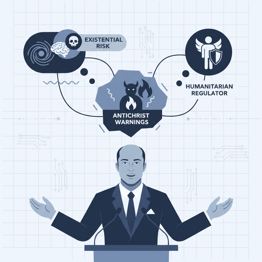 A clean infographic showing a tech billionaire figure (like Peter Thiel) speaking about AI regulation, with thought bubbles or connected lines illustrating concepts of 'existential risk' and 'humanitarian regulator' being linked to 'antichrist' warnings. Focus on clear visuals, blue and gray tones. infographic. no text.