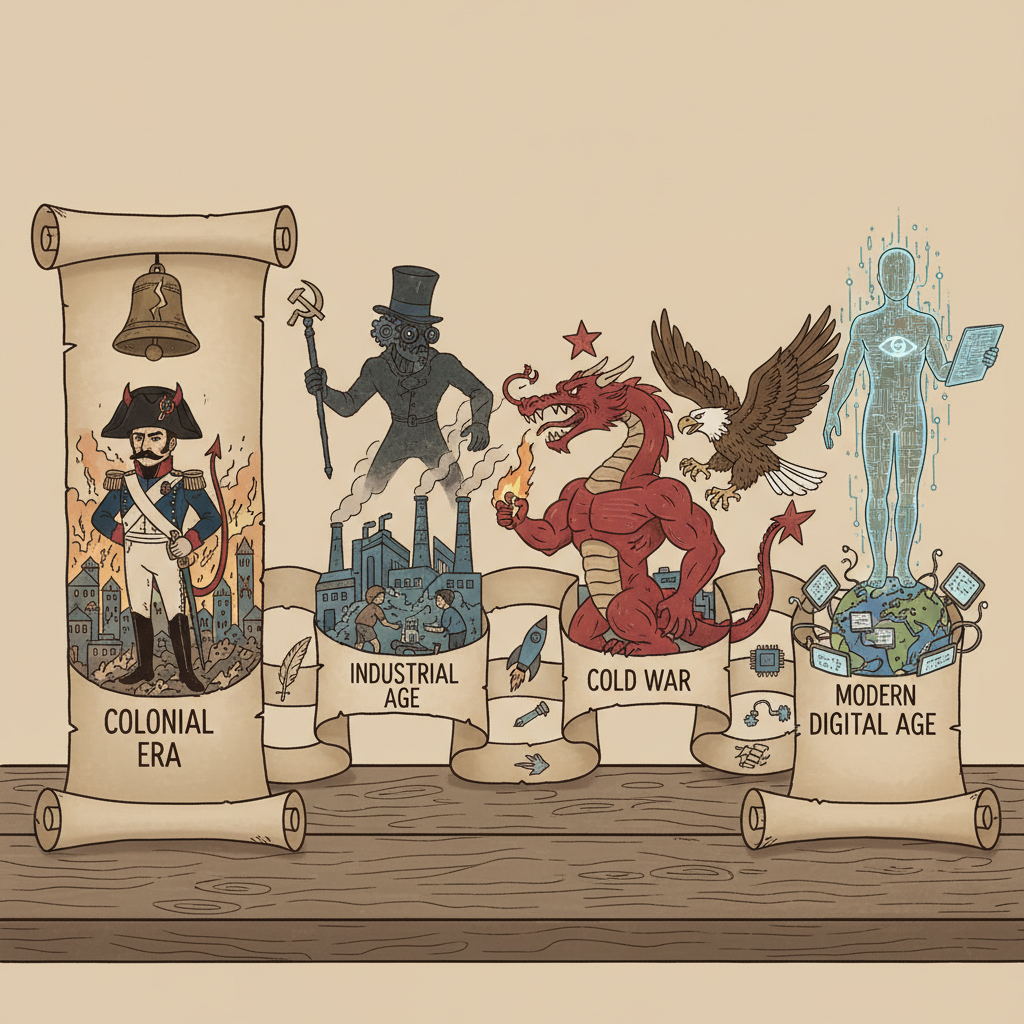 A historical illustration showing a timeline of how the 'antichrist' figure has been interpreted throughout American history, from European dictators to Cold War enemies and modern tech. Each era has a distinct visual element representing the perceived 'antichrist.' illustration. no text.