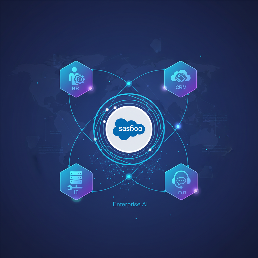 A clean infographic showcasing the Salesforce Agentforce 360 logo at the center, surrounded by interconnected icons representing various business applications like CRM, HR, IT, and customer service. The overall aesthetic is futuristic and integrated, emphasizing enterprise AI solutions. No text.