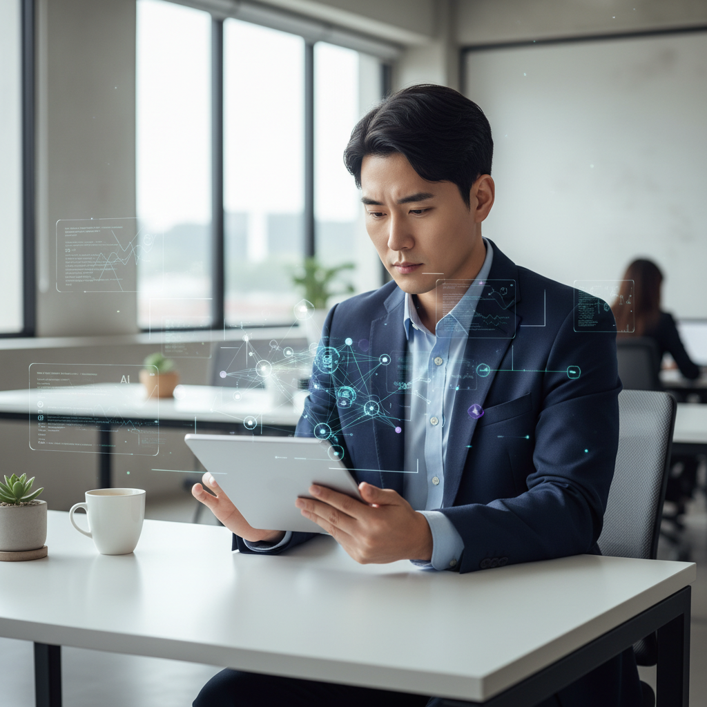 Lifestyle photography of a Korean business professional, focused and engaged, using a tablet to build and deploy an AI agent. The setting is a modern, clean office environment. The professional is looking at the screen with a thoughtful expression, surrounded by subtle digital interfaces. Natural lighting, no text.