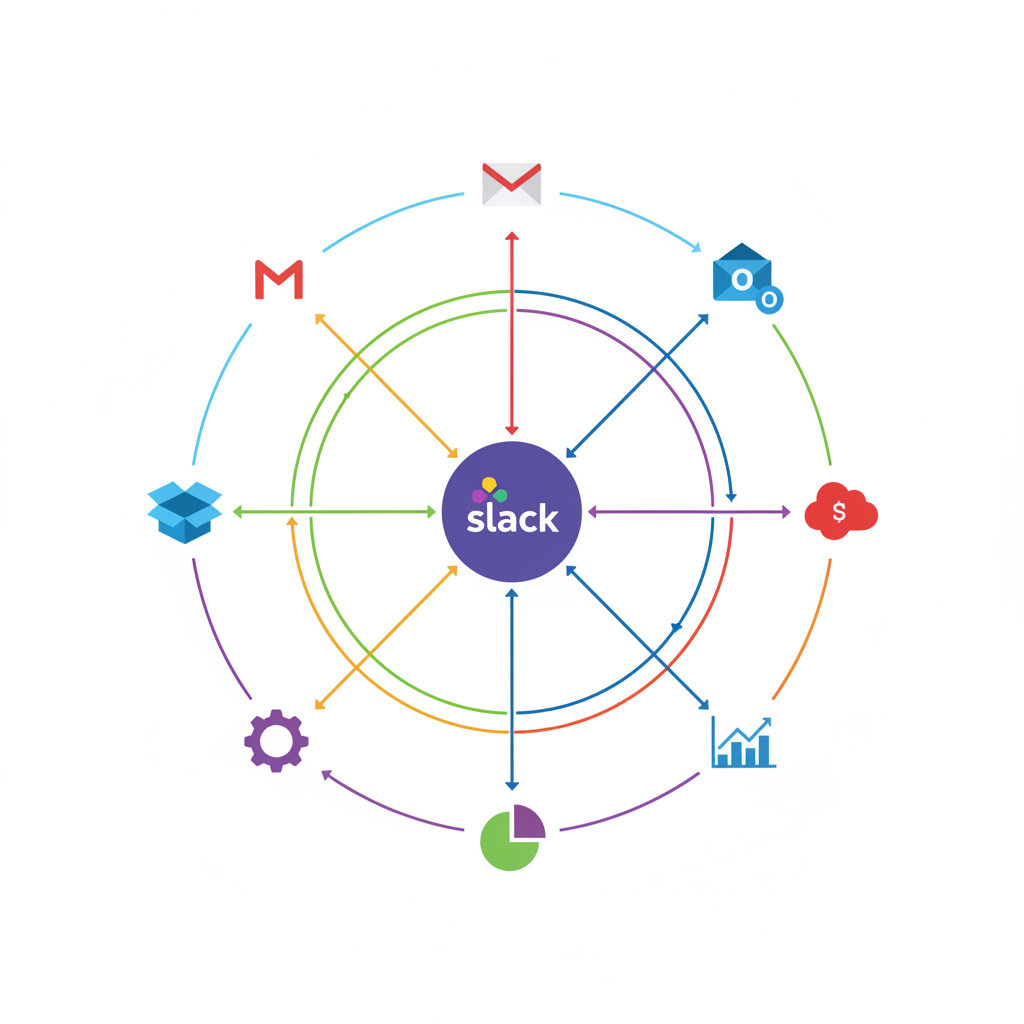 A clean infographic showing the Slack logo at the center, with various business application icons (like Gmail, Outlook, Dropbox, Salesforce apps) connected around it, symbolizing seamless integration and enterprise search. The style is modern and clear. No text.