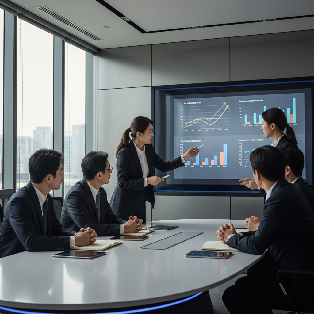 A realistic image of several Korean corporate executives in a modern conference room, actively discussing the implementation of AI technology. They are looking at a projection screen displaying graphs and data related to AI adoption and ROI. The atmosphere is professional and collaborative. Natural lighting, no text.