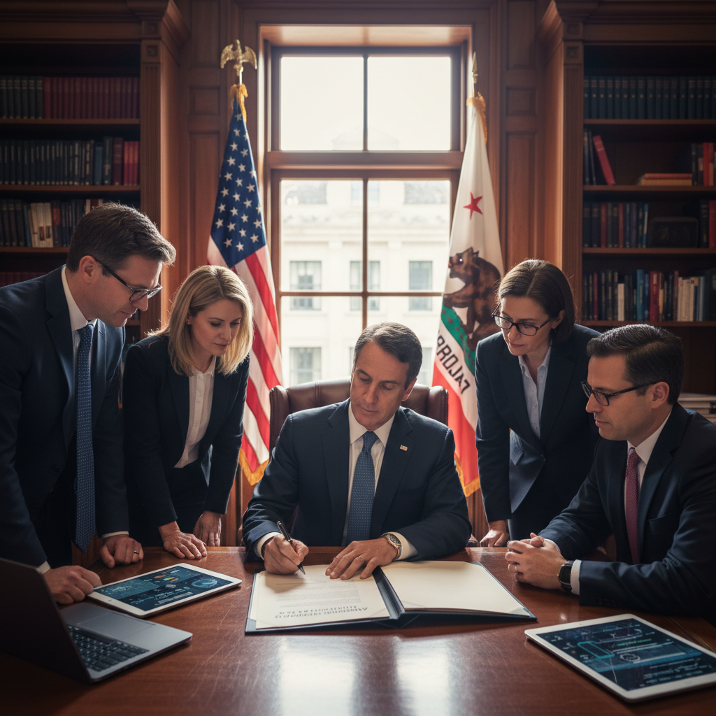 California governor signing important AI legislation document at official desk, surrounded by technology policy advisors, professional government office setting, natural lighting, no text