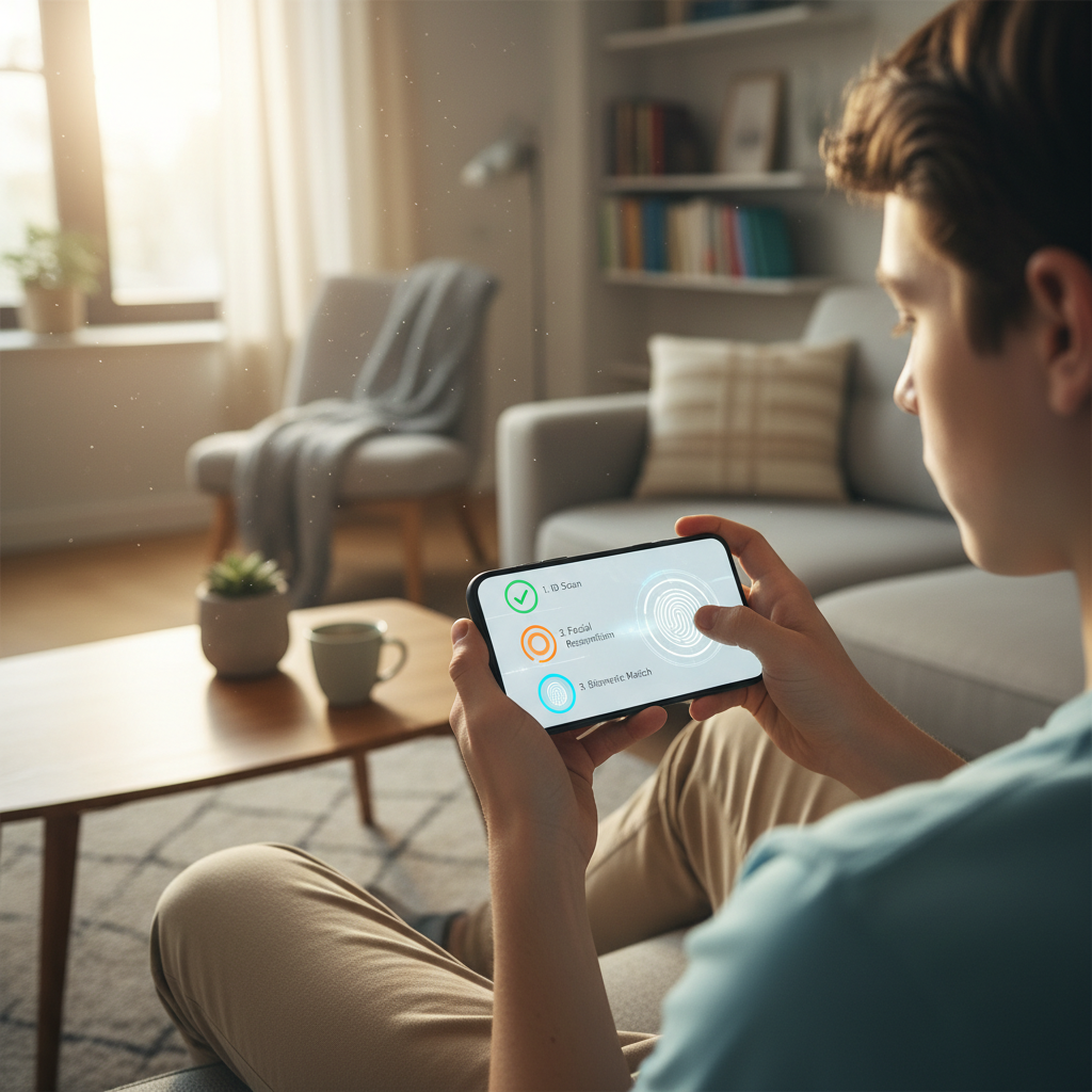 Teenager using smartphone for age verification process, clean digital interface showing verification steps, modern home environment, natural lighting, lifestyle photography, no text
