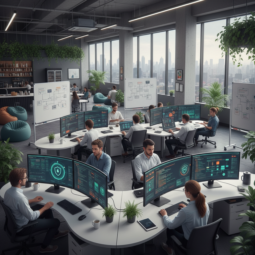 Tech developers working on AI safety features and user protection systems, modern office environment, computer screens showing safety protocols, collaborative workspace, no text