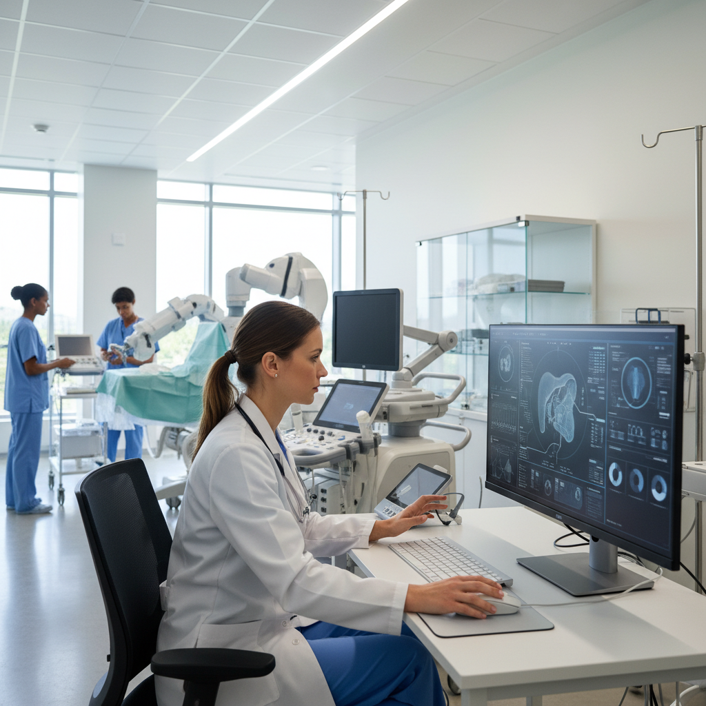 Modern hospital setting with doctor using AI diagnostic system on computer screen, medical equipment visible, professional healthcare environment, natural lighting, realistic photography style, no text