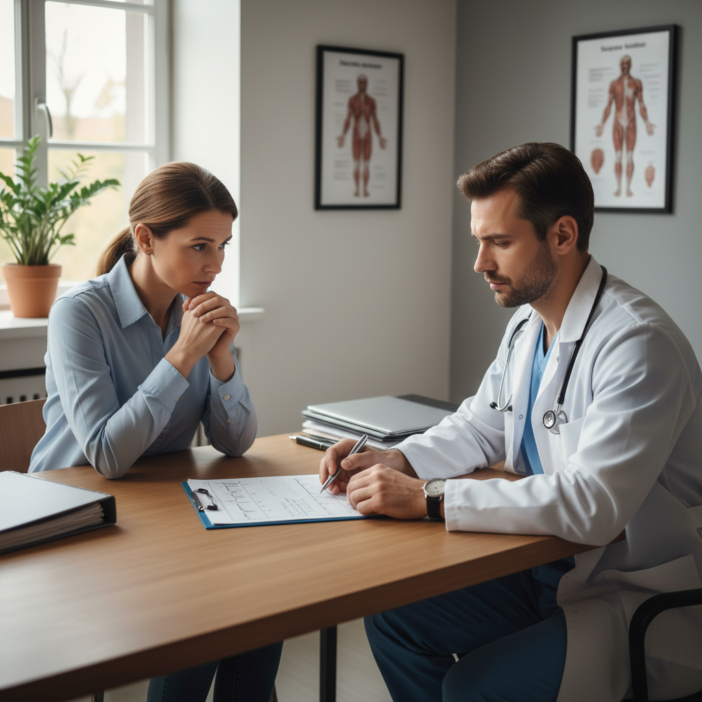 Doctor explaining medical results to concerned patient in consultation room, serious discussion atmosphere, medical charts visible, professional healthcare setting, natural lighting, no text