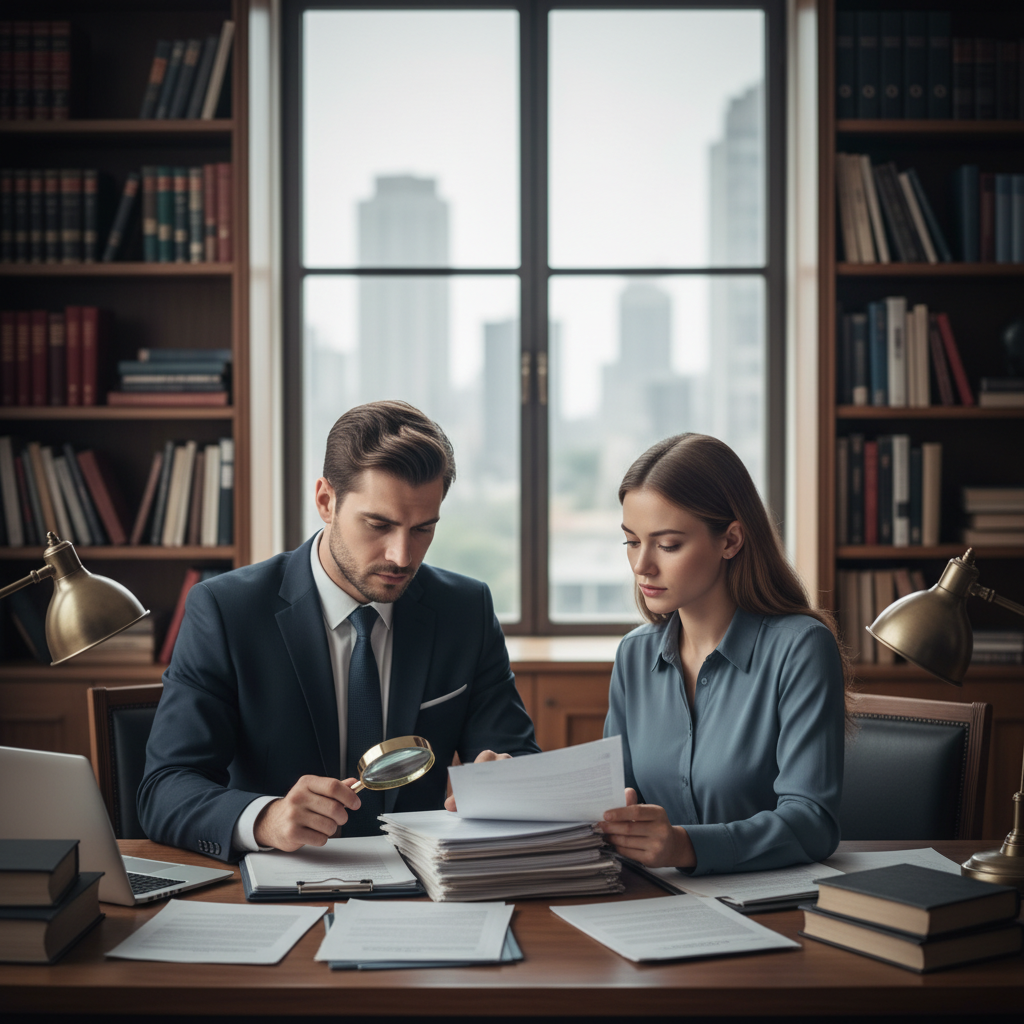 Legal consultation scene with lawyer and client reviewing medical documents, serious atmosphere, law office setting with books and papers, professional lighting, no text