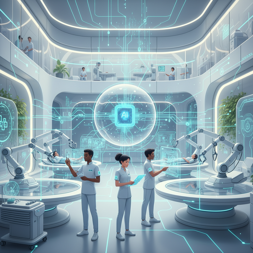 Futuristic healthcare facility with advanced AI systems, doctors and technology working together harmoniously, bright modern design, optimistic atmosphere, clean infographic style, no text