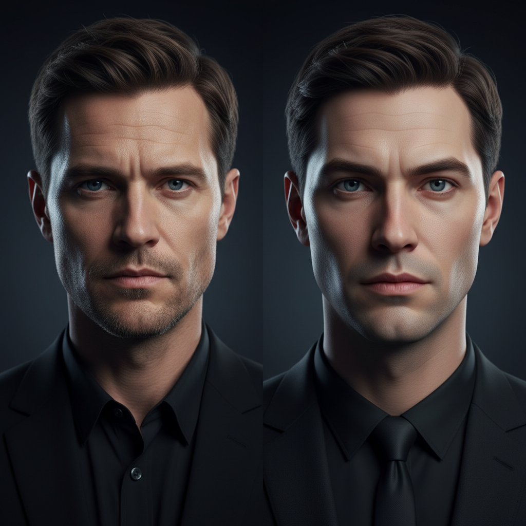 Split screen comparison showing a real human actor on one side and a digital AI-generated character on the other side, highlighting the uncanny resemblance. Professional studio lighting, cinematic quality, no text in image