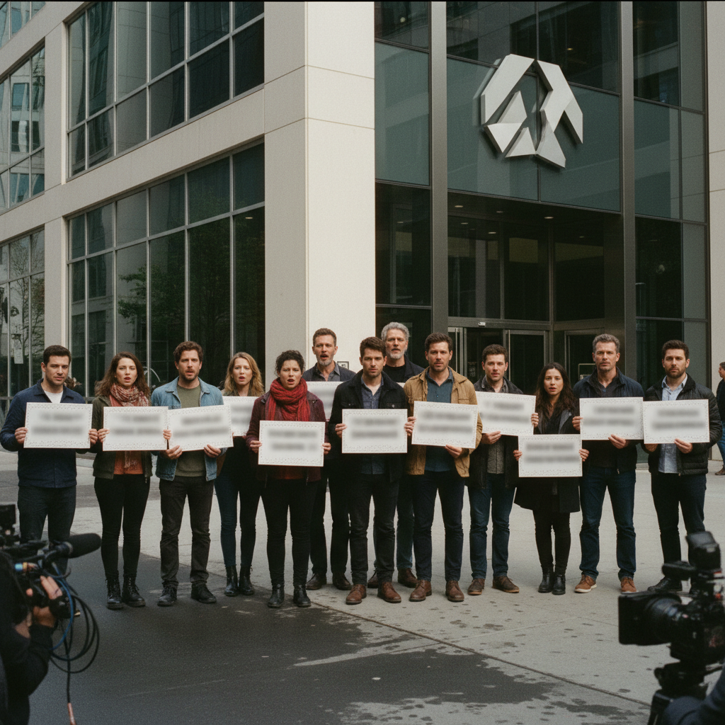 Professional actors holding protest signs about AI rights and image protection, gathered outside a modern tech company building. Realistic documentary photography style, natural daylight, determined expressions, no text visible