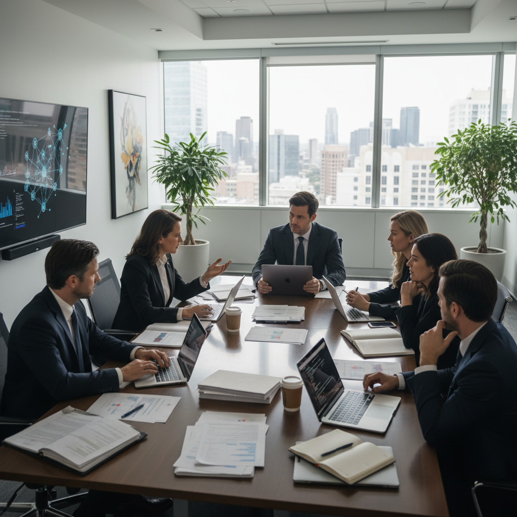 Film producers and executives in a modern conference room discussing AI technology concerns, with laptops and documents on the table. Professional business photography, natural indoor lighting, serious discussion atmosphere, no text