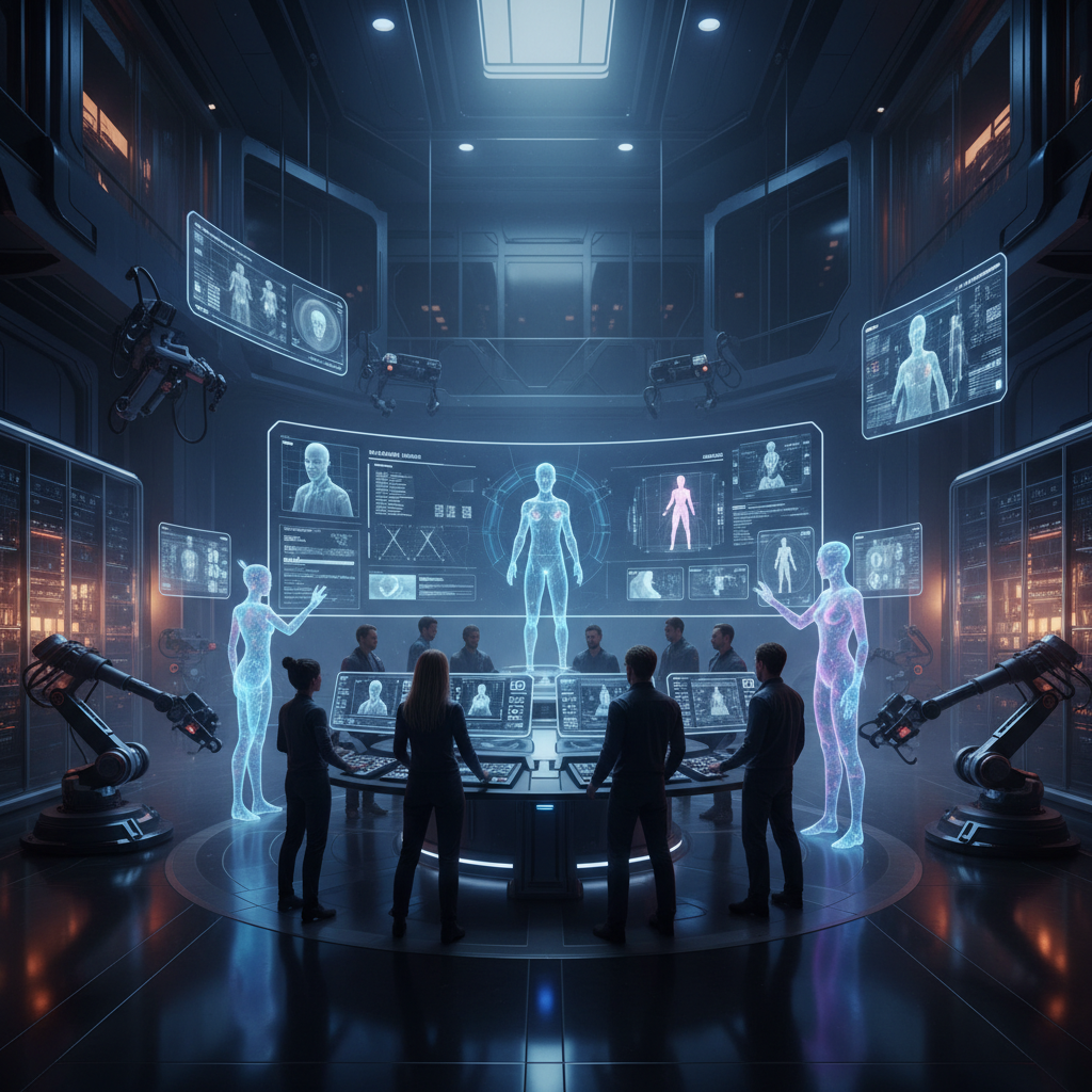 Futuristic digital production studio with holographic AI characters and real human directors working together, high-tech equipment and screens showing digital actors, cinematic sci-fi lighting, no text