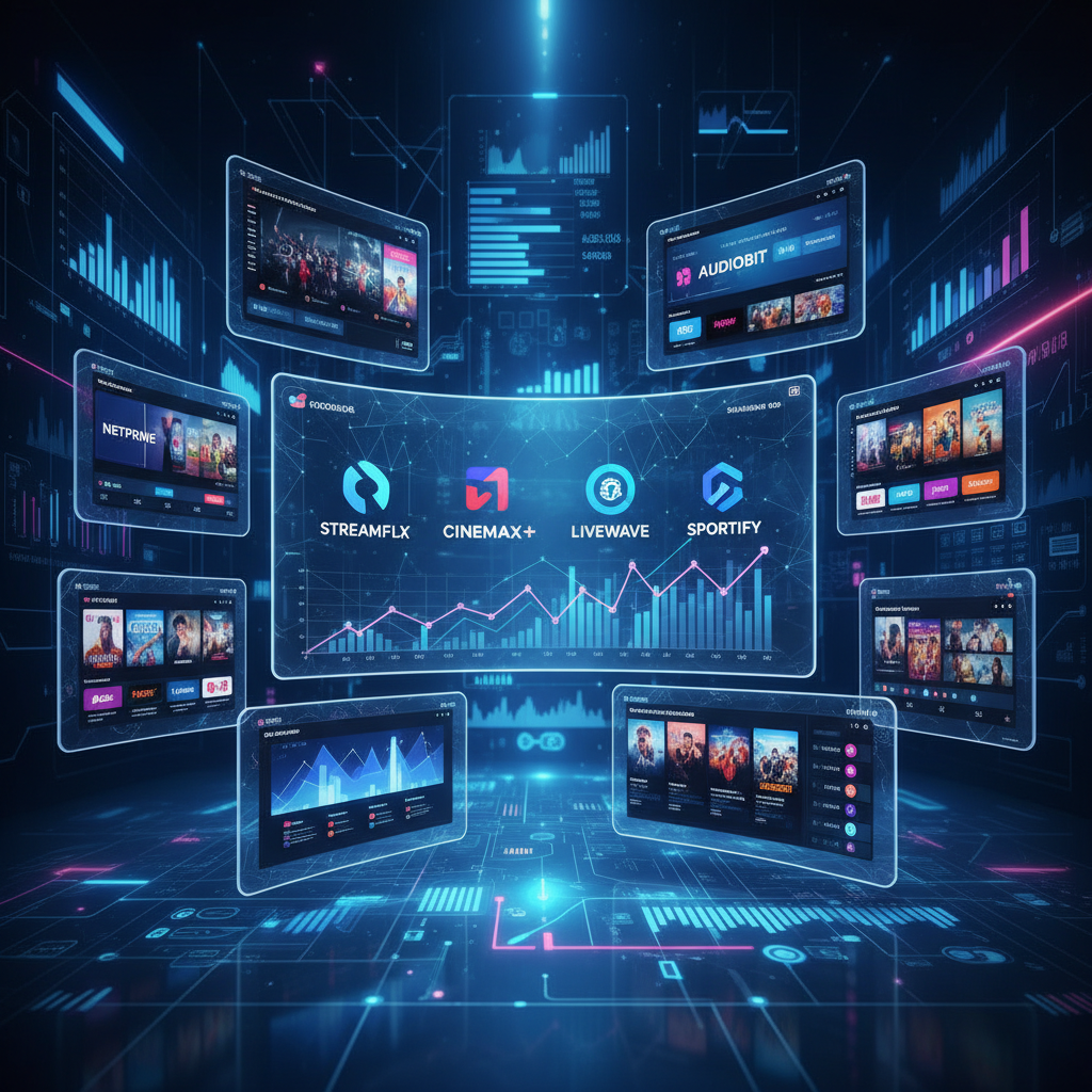 Multiple streaming service logos and interfaces displayed on various screens, competitive market visualization, modern tech environment with data charts in background, professional infographic style, no text
