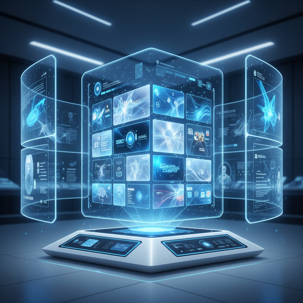 Futuristic streaming interface with holographic displays and multiple content options, innovative technology concept, sleek design with blue and white color scheme, conceptual illustration style, no text