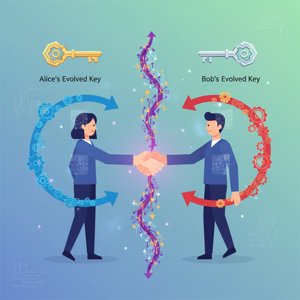 Two stylized Korean individuals, Alice and Bob, exchanging encrypted messages, visualized with arrows representing the secure key agreement process. Emphasize the handshake and key evolution. Style: clean infographic. No text.