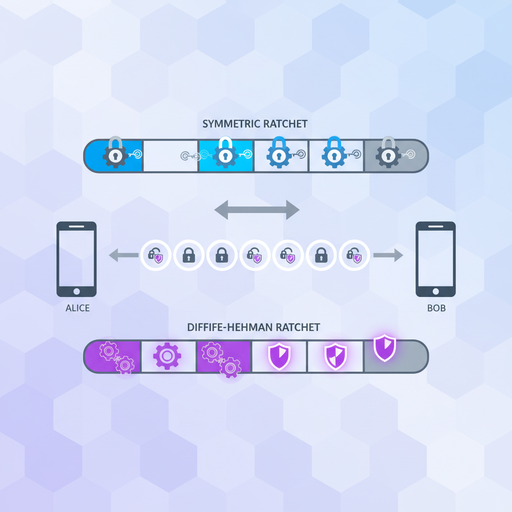 An infographic illustrating the Signal Protocol's double ratchet mechanism, showing two phones exchanging messages with constantly evolving keys and distinct symmetric and Diffie-Hellman ratchets. Use clear visual metaphors for key updates. Style: clean infographic. No text.