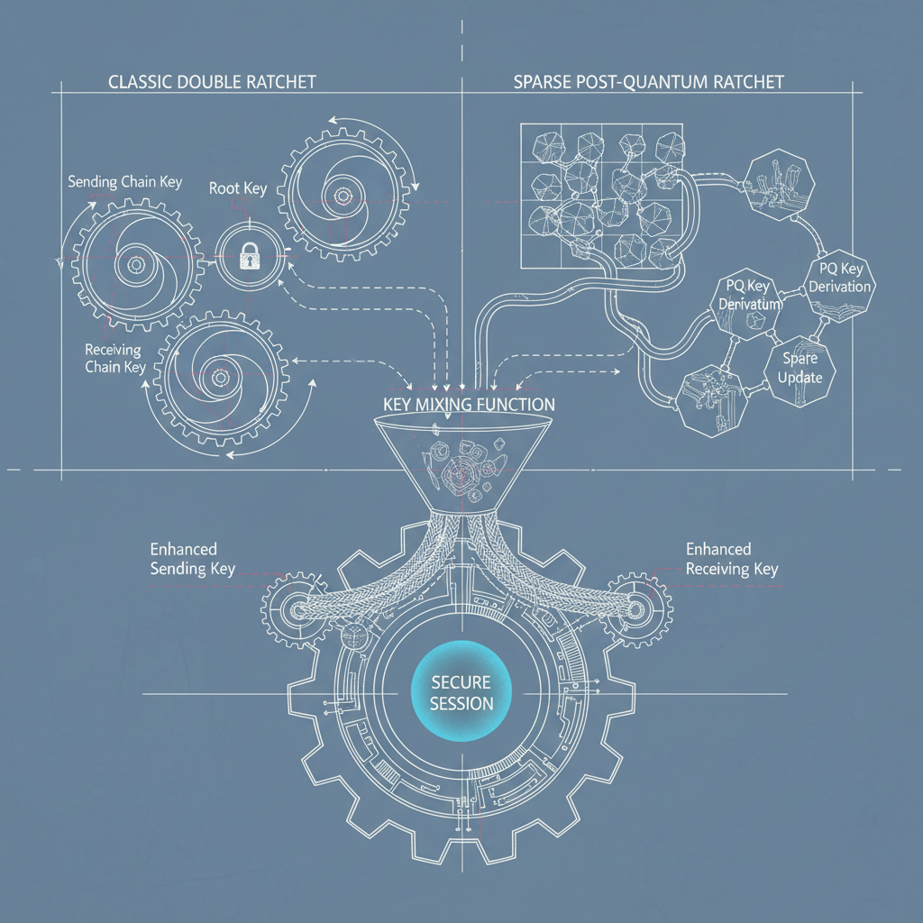 A detailed technical diagram or blueprint-style infographic showing the integration of the classic double ratchet with the new sparse post-quantum ratchet, highlighting how keys are mixed for enhanced security. Complex gears and circuits are implied. Style: technical blueprint illustration. No text.