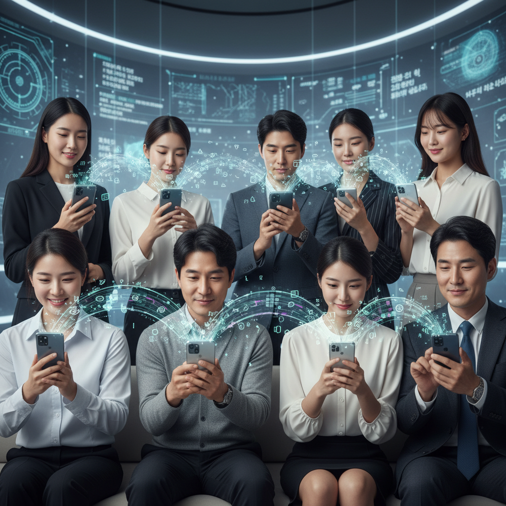 A diverse group of Korean people confidently using their smartphones, with glowing encrypted messages flowing between them, symbolizing secure and private communication. A subtle background suggests advanced technology. Style: lifestyle photography. No text.