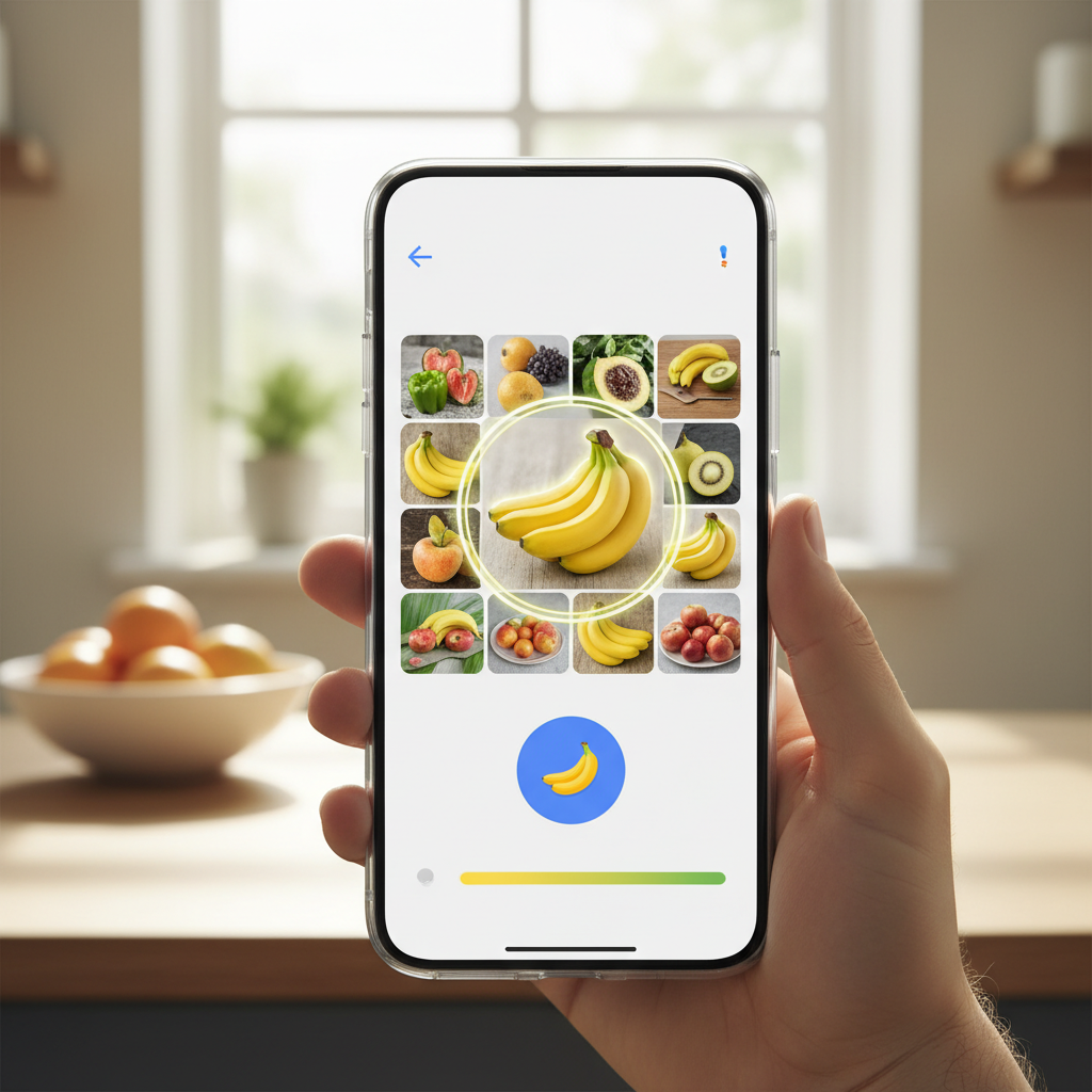 Modern smartphone displaying Google's AI image editing interface with banana icon, clean user interface design, vibrant colors, professional photography style, natural lighting, no text