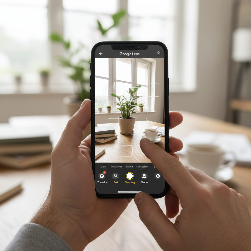 Person using smartphone camera app with Google Lens interface, hands holding phone, realistic lifestyle photography, modern setting, natural daylight, focus on screen interaction, no text