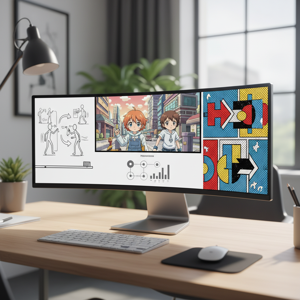 Collection of different video presentation styles including whiteboard animation, anime style, retro print design, displayed on computer screen, professional workspace setting, clean infographic style, no text