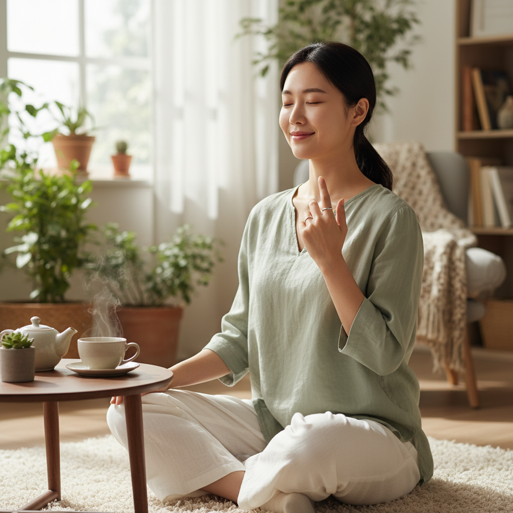 A young Korean woman (20s) wearing an Oura Ring, looking happy and healthy, engaging in a light daily activity like meditating or drinking tea. The scene is bright and calm, emphasizing a wellness lifestyle. Lifestyle photography, natural lighting. No text.