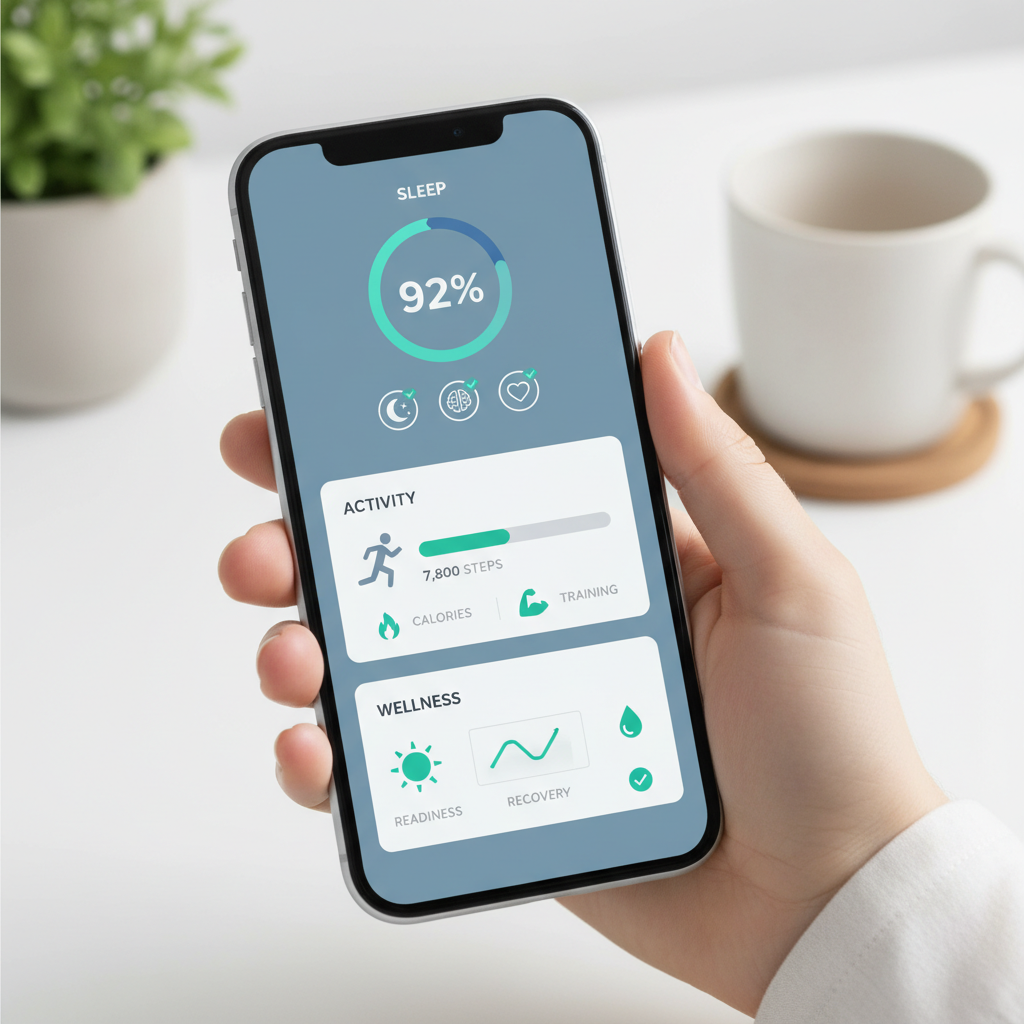 A clean infographic showing Oura Ring data on a smartphone screen, displaying sleep scores, activity levels, and wellness insights. The data is presented clearly with intuitive icons, indicating user engagement and valuable health information. Clean infographic style, no text.