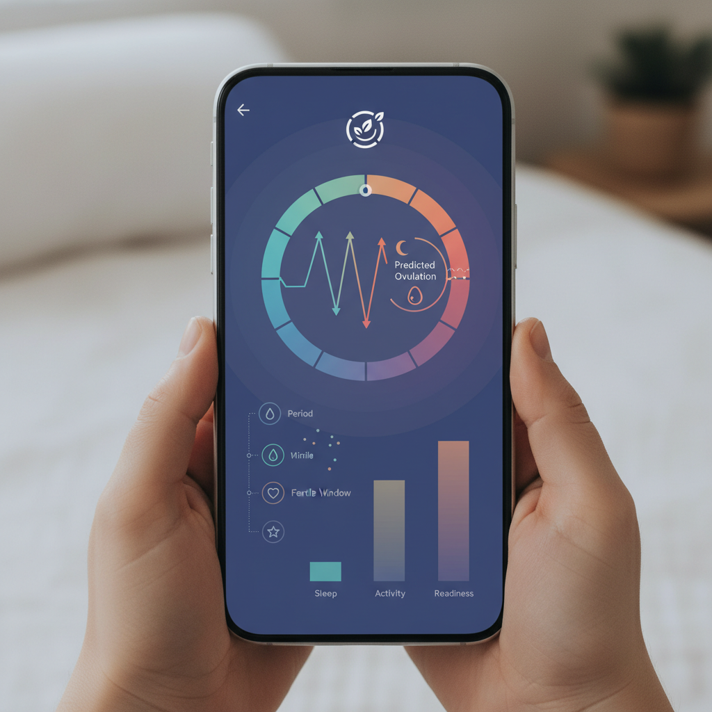 A stylized smartphone screen displaying Oura Ring's cycle tracking and fertility insights. The interface is clean and user-friendly, showing temperature trends, predicted ovulation, and other women's health metrics. The focus is on precision and practical health management. Clean infographic, no text.