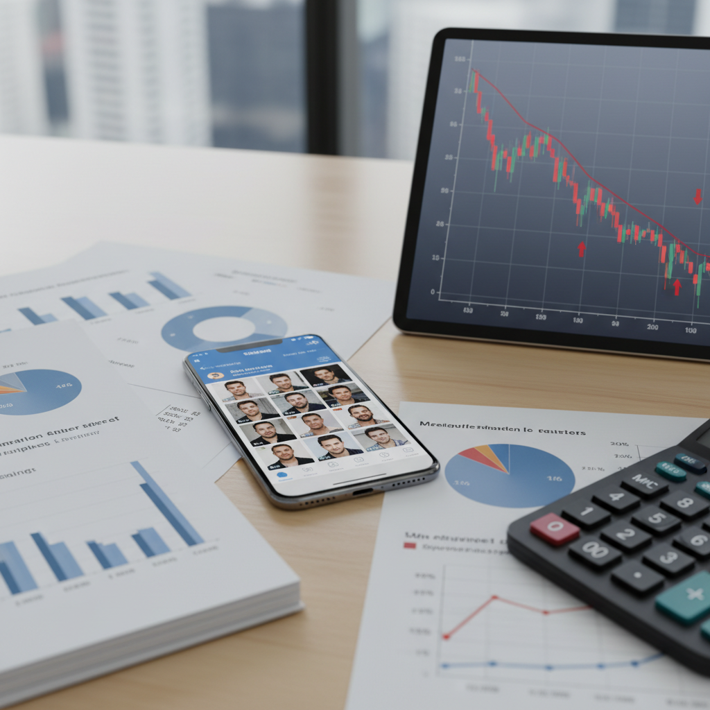 A modern smartphone displaying the Grindr app interface alongside financial charts showing stock decline, with business documents and calculator on a clean desk. Professional lighting, corporate atmosphere, no text in image.