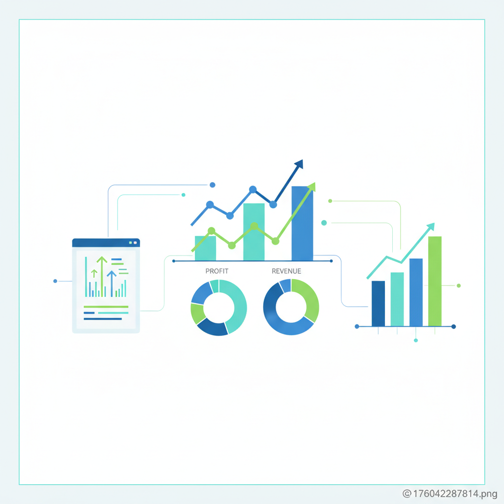 Clean infographic showing business performance metrics with upward trending graphs, profit charts, and professional data visualization. Modern corporate style with blue and green color scheme, no text.