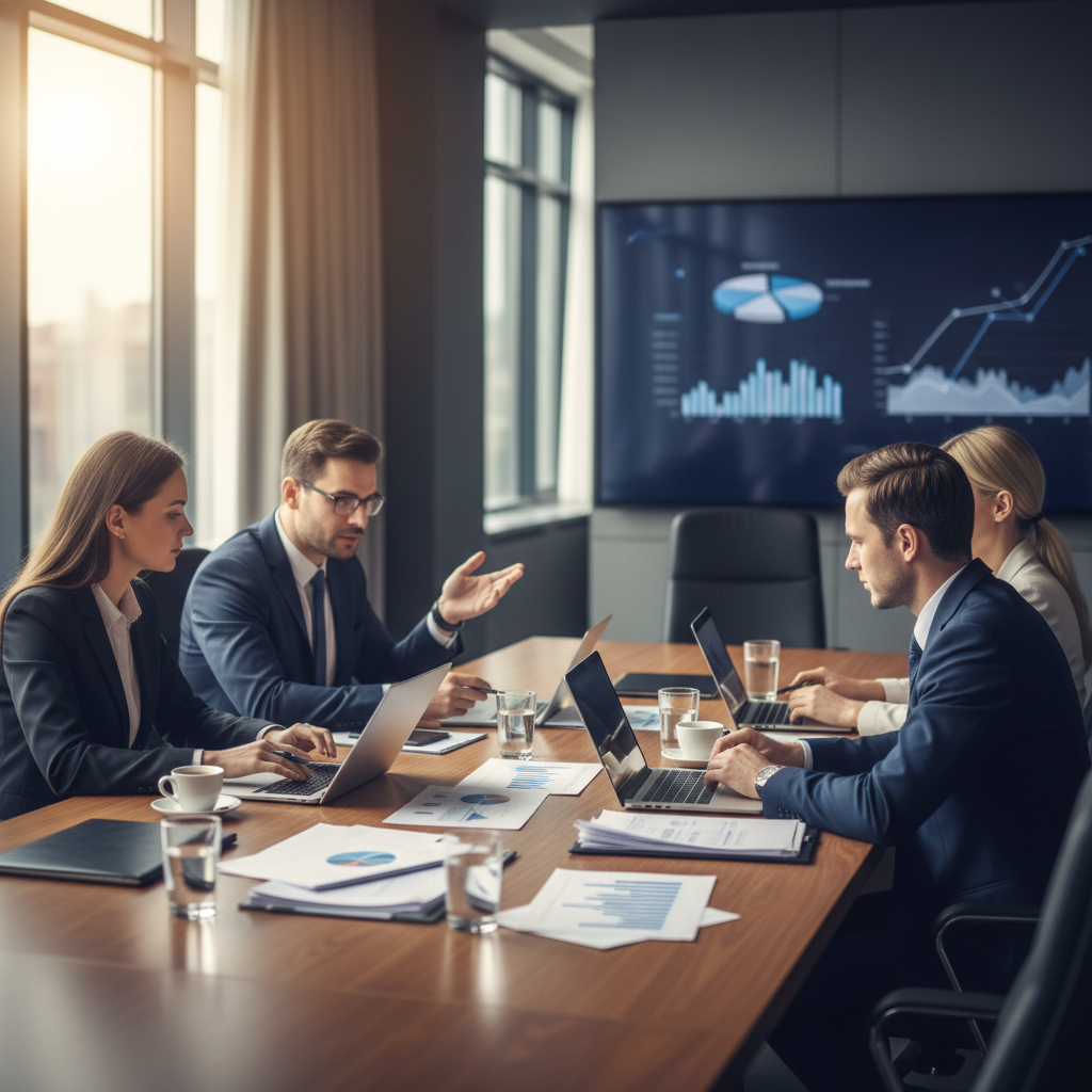 Professional business meeting scene with documents, laptops, and financial papers on a conference table. Corporate boardroom atmosphere with natural lighting, showing negotiation process, no text.