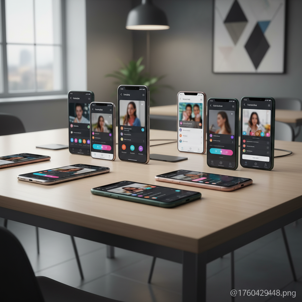 Multiple smartphones displaying various dating app interfaces arranged on a modern desk, representing the dating app industry landscape. Clean, tech-focused composition with soft lighting, no text.