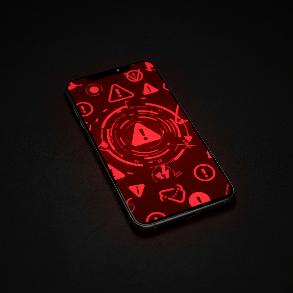 A modern Android smartphone displaying a security warning screen with red alert symbols and warning indicators. The phone is placed on a dark surface with dramatic lighting emphasizing the security concern. No text visible on screen.