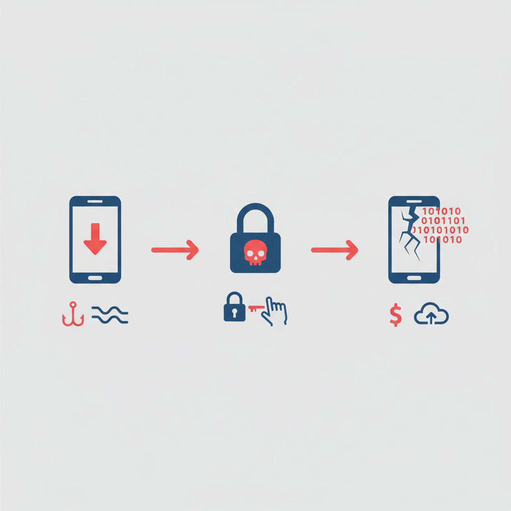 A clean infographic showing three sequential steps of a cyber attack process on a smartphone. Each step is represented with simple icons and arrows showing the flow. Modern flat design with blue and red color scheme. No text in image.