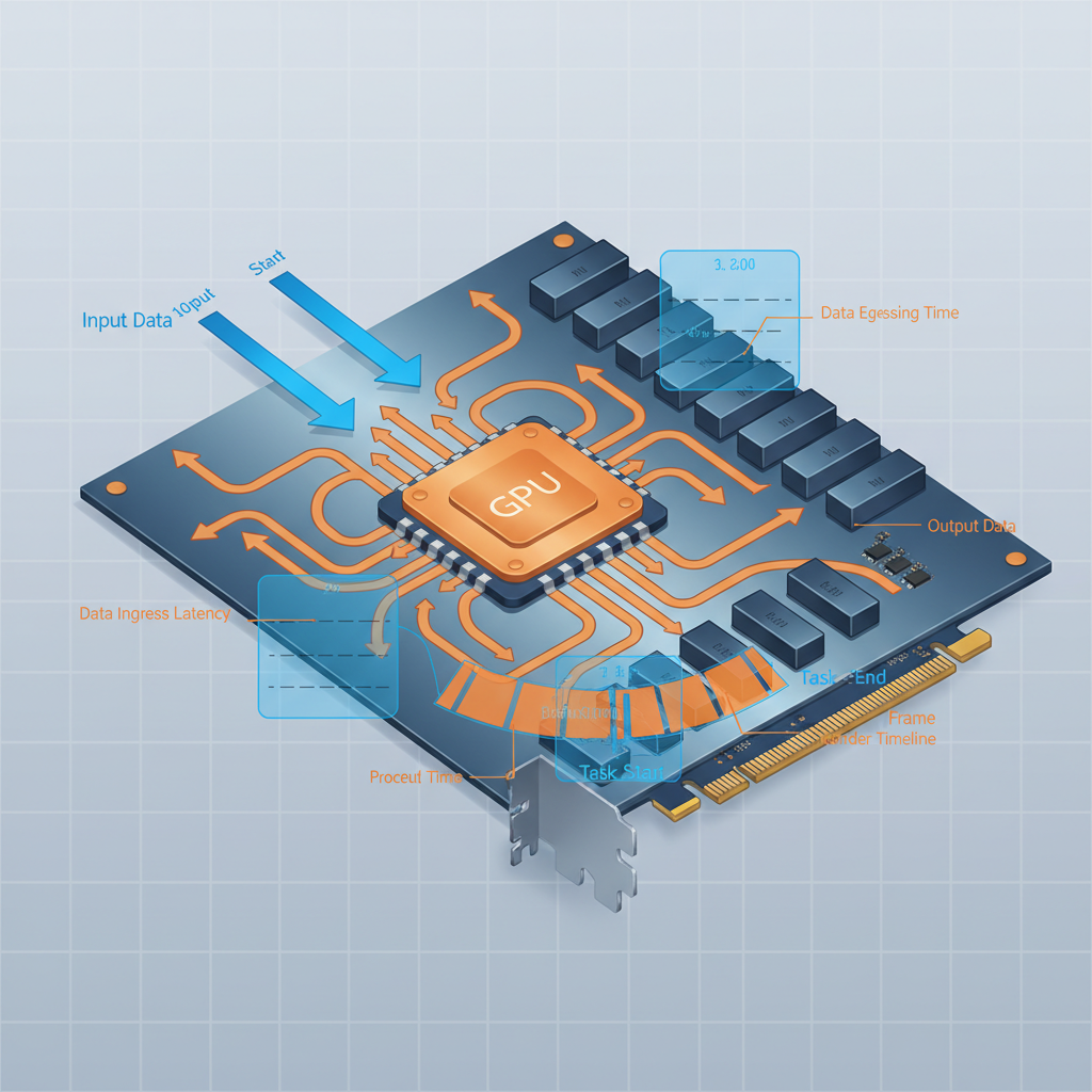 A technical illustration showing GPU processing with timing analysis visualization. Computer graphics card with data flow arrows and timing measurements. Clean technical diagram style with blue and orange colors. No text.