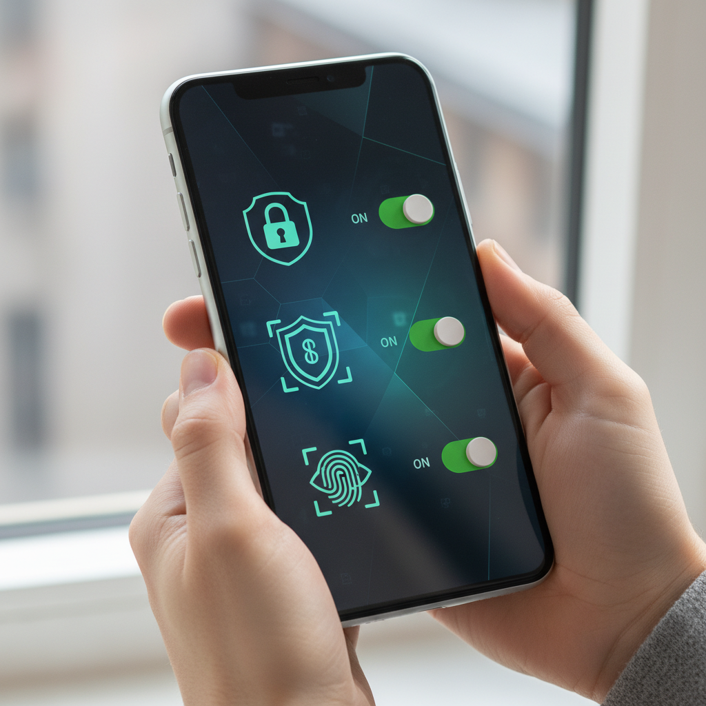 A smartphone screen showing security settings interface with various protection options enabled. Clean UI design with toggle switches and security icons. Hands holding the device in good lighting. No visible text on screen.