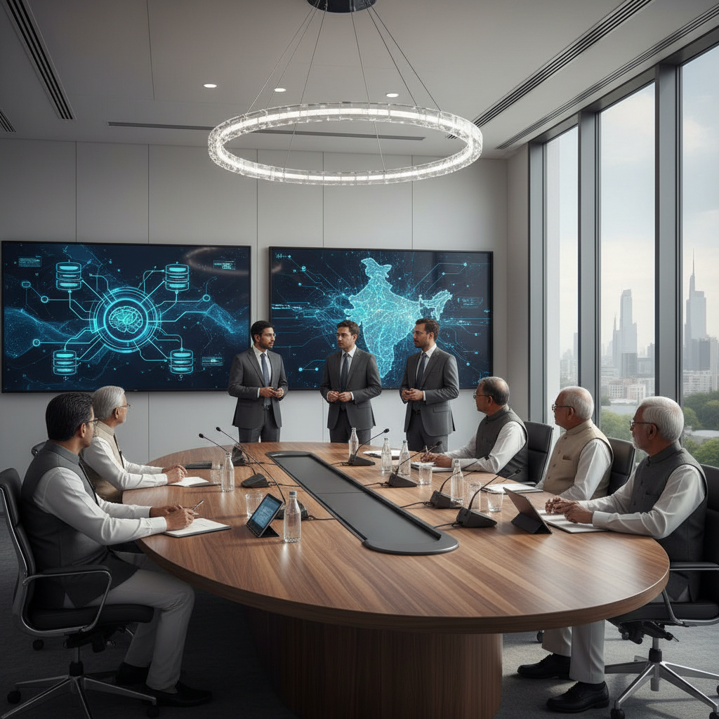 Modern tech conference room with Google executives presenting AI infrastructure plans to Indian government officials, professional business meeting atmosphere, clean corporate setting, natural lighting, no text
