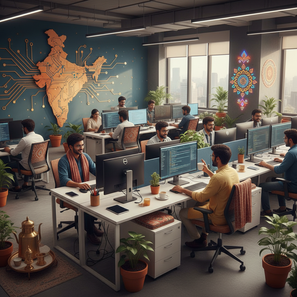 Indian tech company office with developers working on local software alternatives, modern workspace with Indian cultural elements, vibrant atmosphere showing technological independence, lifestyle photography, no text