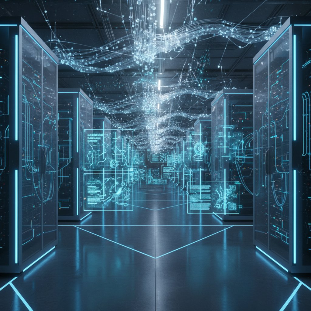 Futuristic data center interior with rows of servers and AI processing units, blue LED lighting, high-tech atmosphere showing advanced computing infrastructure, clean technology visualization, no text