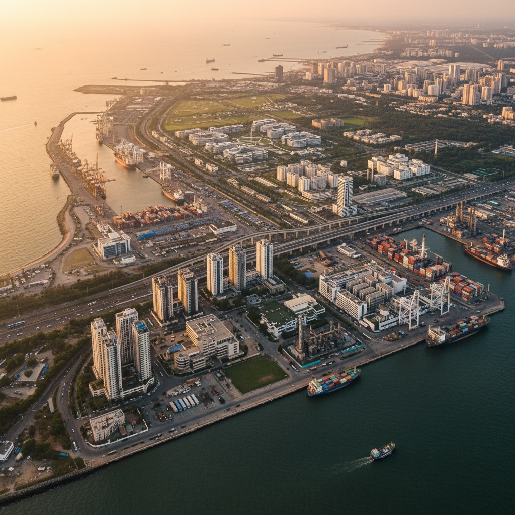 Aerial view of Visakhapatnam port city showing modern infrastructure development potential, coastal industrial area with harbors and emerging tech zones, golden hour lighting, urban development photography, no text
