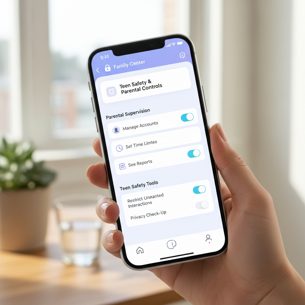 Modern smartphone displaying Instagram's teen safety settings interface with parental control options, clean app interface design, bright lighting, lifestyle photography style, no text