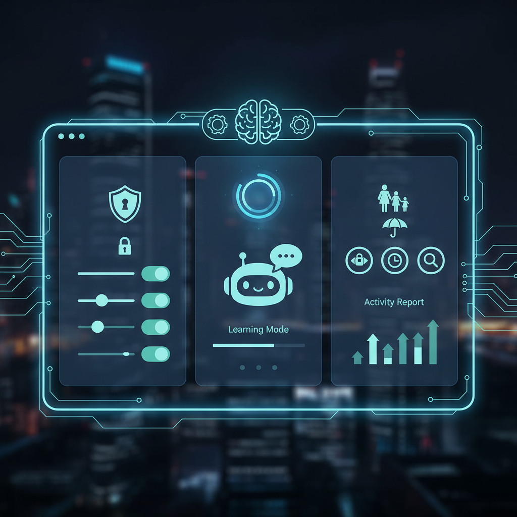 Digital illustration showing AI chatbot interface with safety controls and parental supervision features, modern tech aesthetic, clean infographic style, no text