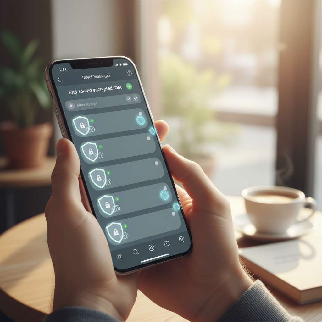 Smartphone screen showing Instagram direct messages with security shields and protection indicators, modern app interface, lifestyle photography with soft lighting, no text