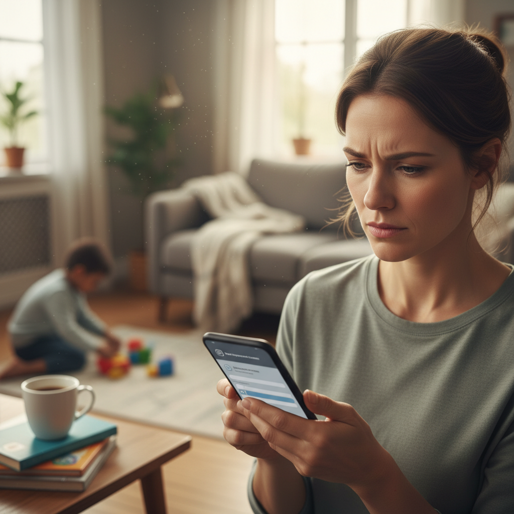 Parent using smartphone to report inappropriate content through Instagram's parental control interface, concerned but determined expression, home environment, natural lighting, lifestyle photography, no text