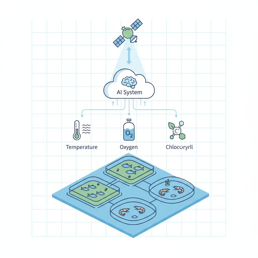 A clean infographic showing the concept of AI-driven water quality monitoring in aquaculture. It should depict satellite imagery flowing into an AI system, which then analyzes water conditions (temperature, oxygen, chlorophyll) in fish or shrimp farms, leading to healthy aquatic life. Use a clear, scientific illustration style with no text.