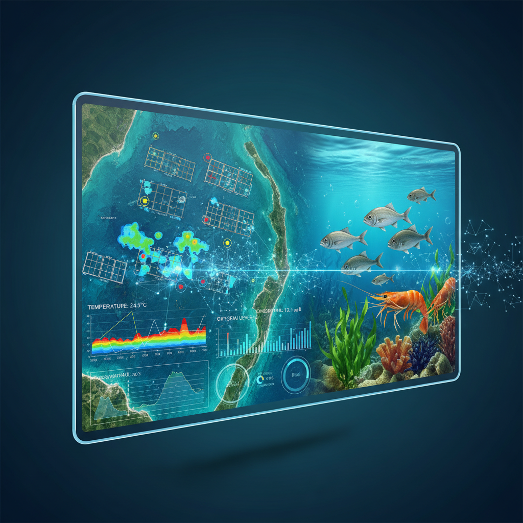 A realistic illustration of an AI system analyzing satellite images of aquaculture farms. The image should show a screen displaying various data points like temperature, oxygen levels, and chlorophyll. On the side, healthy fish and shrimp are shown in clear water. Emphasize the connection between satellite data and healthy aquatic life. No text.