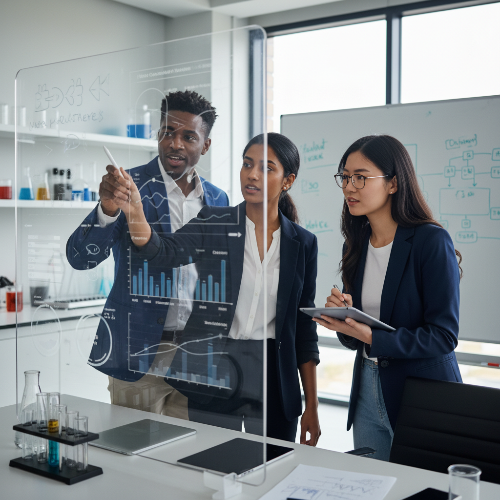 A lifestyle photography image of three young, diverse entrepreneurs in a lab or office setting, intensely discussing data on a screen or whiteboard related to water quality and aquaculture. Show them looking passionate and innovative, symbolizing the founding of Aquawise. Natural lighting, professional setting, no text.