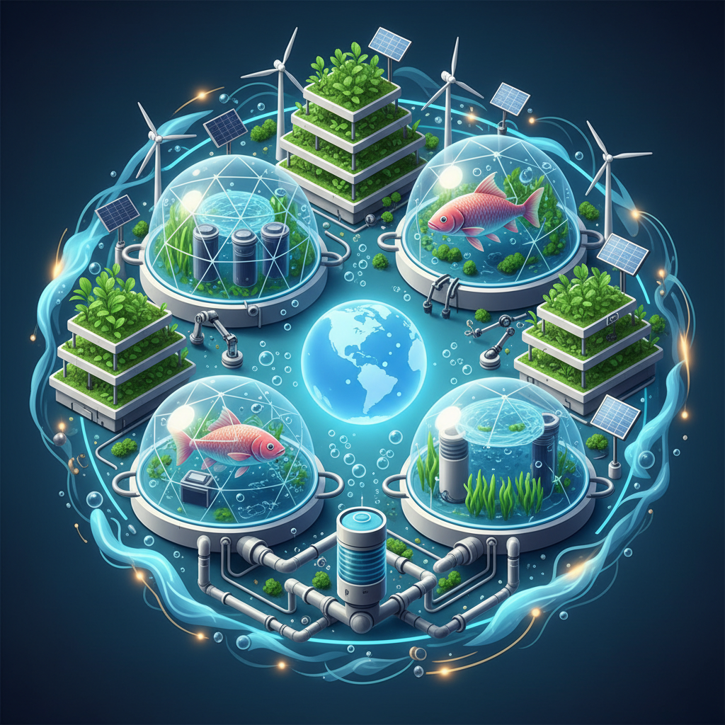 A vibrant infographic showing a sustainable aquaculture farm with healthy fish, clean water, and minimal environmental impact. The image should convey the idea of feeding a growing global population efficiently and responsibly, perhaps with a subtle globe icon in the background. Clean, positive, and futuristic illustration style. No text.