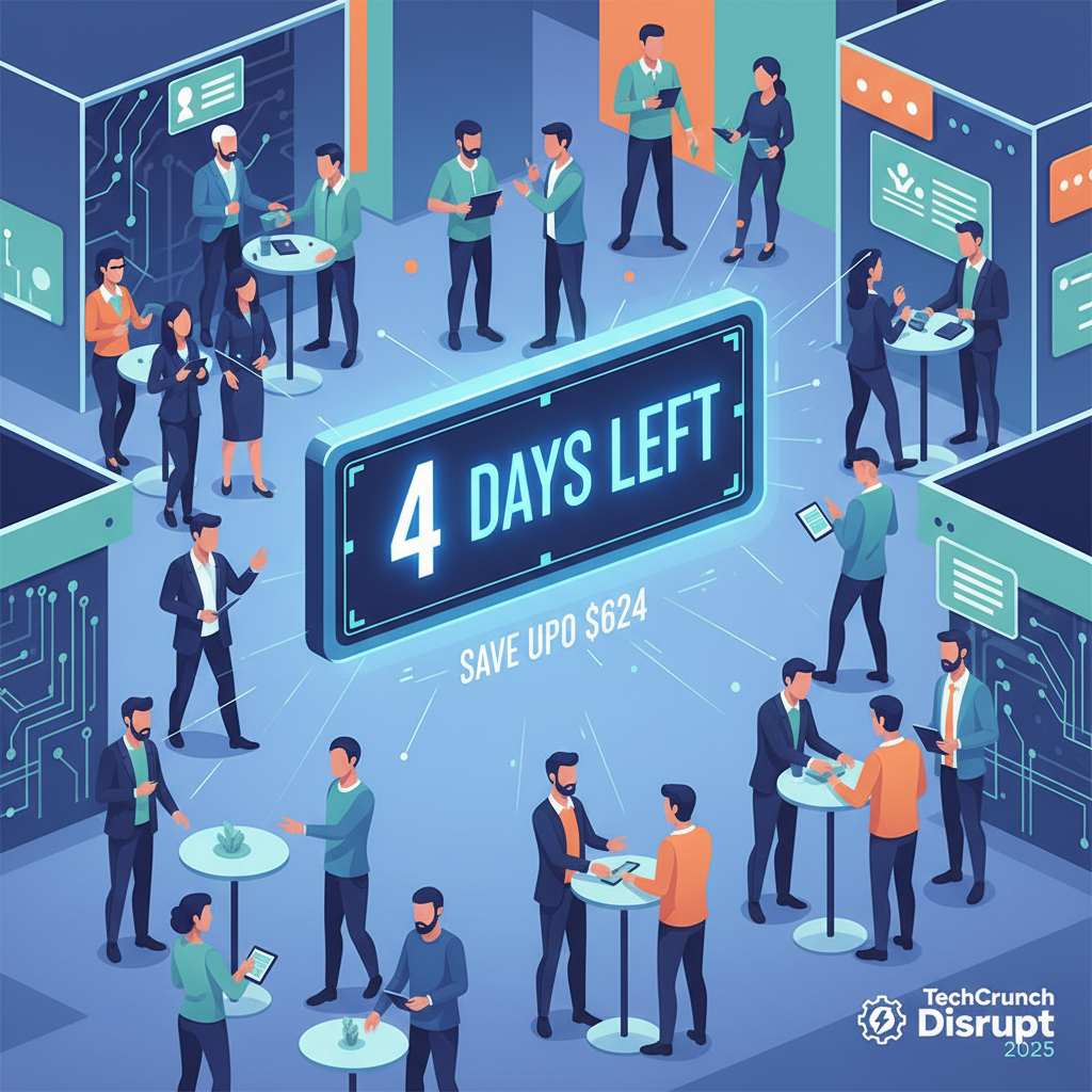 A dynamic illustration of a bustling tech conference hall with diverse people networking, a large digital countdown clock showing "4 DAYS LEFT" and "SAVE UP TO $624", with a subtle "TechCrunch Disrupt 2025" logo. Clean infographic style, no text in the image itself.